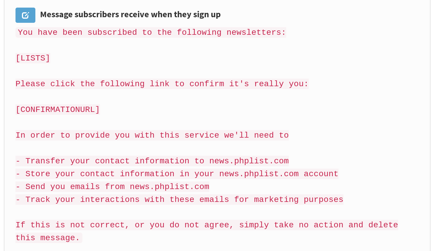Screenshot of a custom confirmation message in phpList